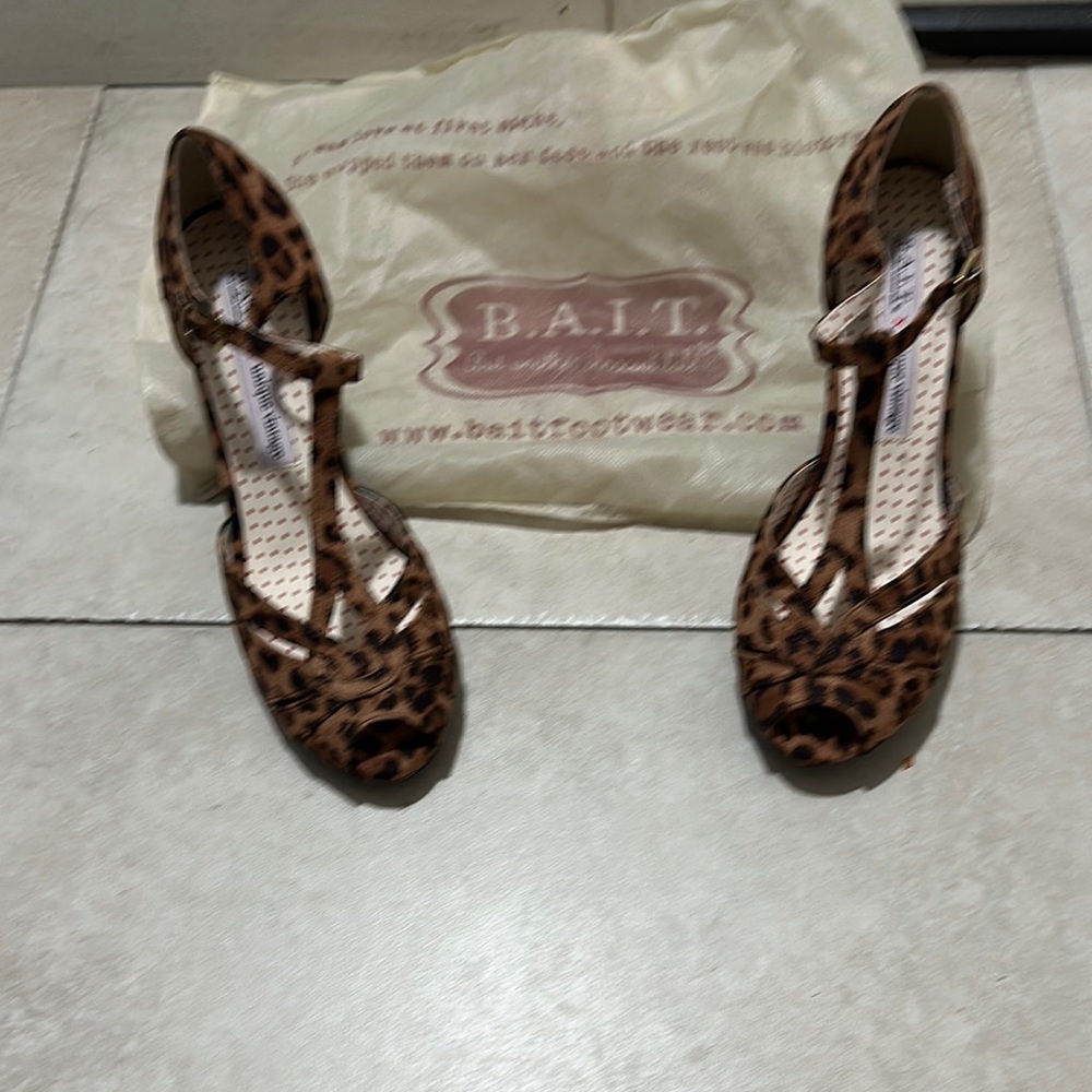 Brown Animal Print T-Strap Heels